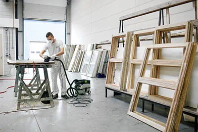 Bei umfangreichen Renovierungsprojekten werden Fenster und Türen in den geräumigen Werkstätten sorgfältig aufbereitet.